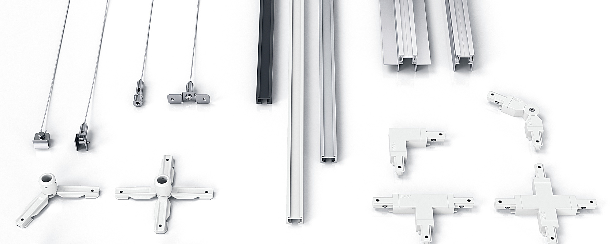 ERCO Minirail 48V low voltage track and accessories for flexible lighting systems.