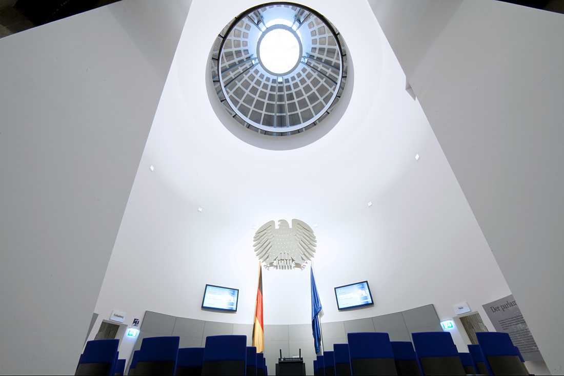 Deutscher Dom Berlin exhibition space featuring parliamentary democracy and ERCO lighting.