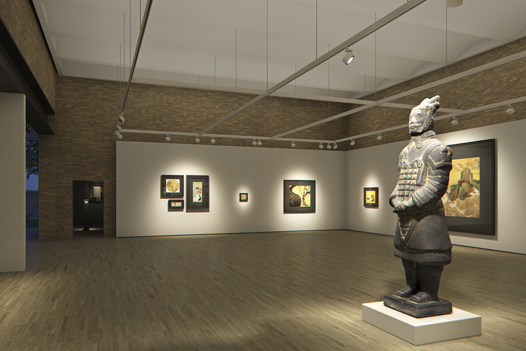 Illuminated art exhibit featuring a terracotta warrior sculpture and paintings, accented by ERCO lighting.
