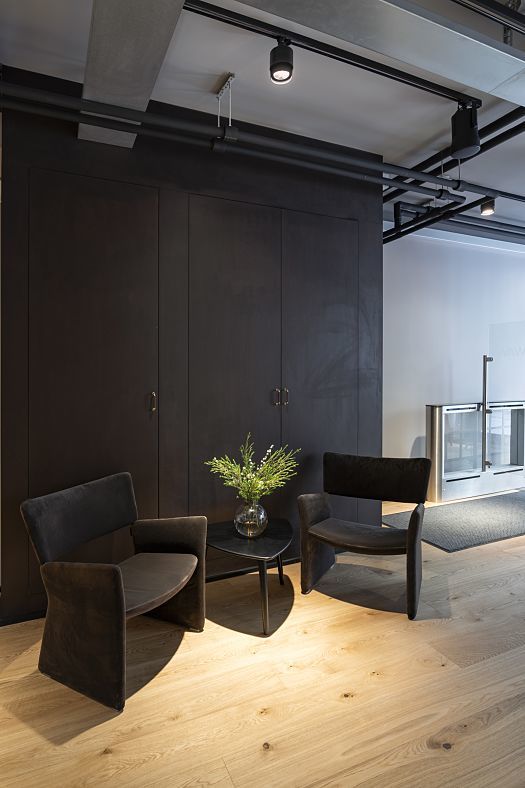 ERCO Jilly downlights illuminate a modern office space with chairs and plants for flexible work.