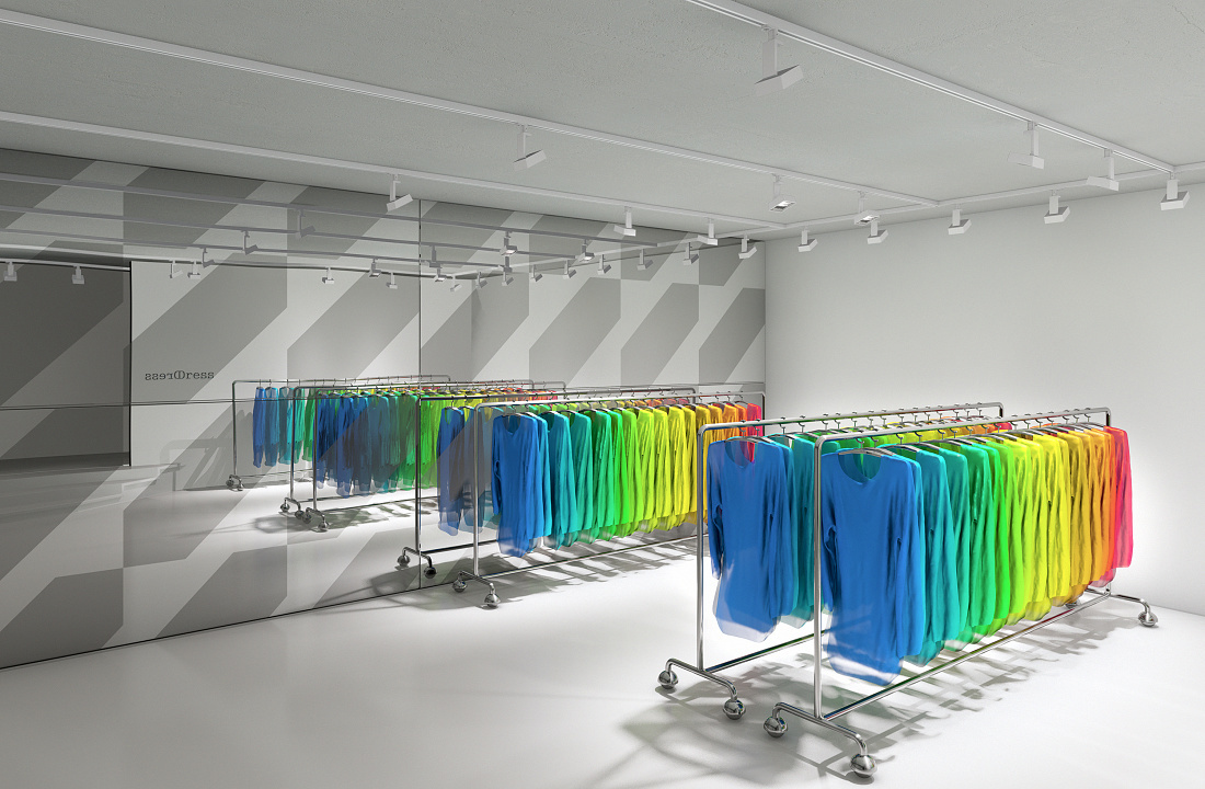 Fashion store with colorful clothes on rolling racks, illuminated by ERCO lighting.
