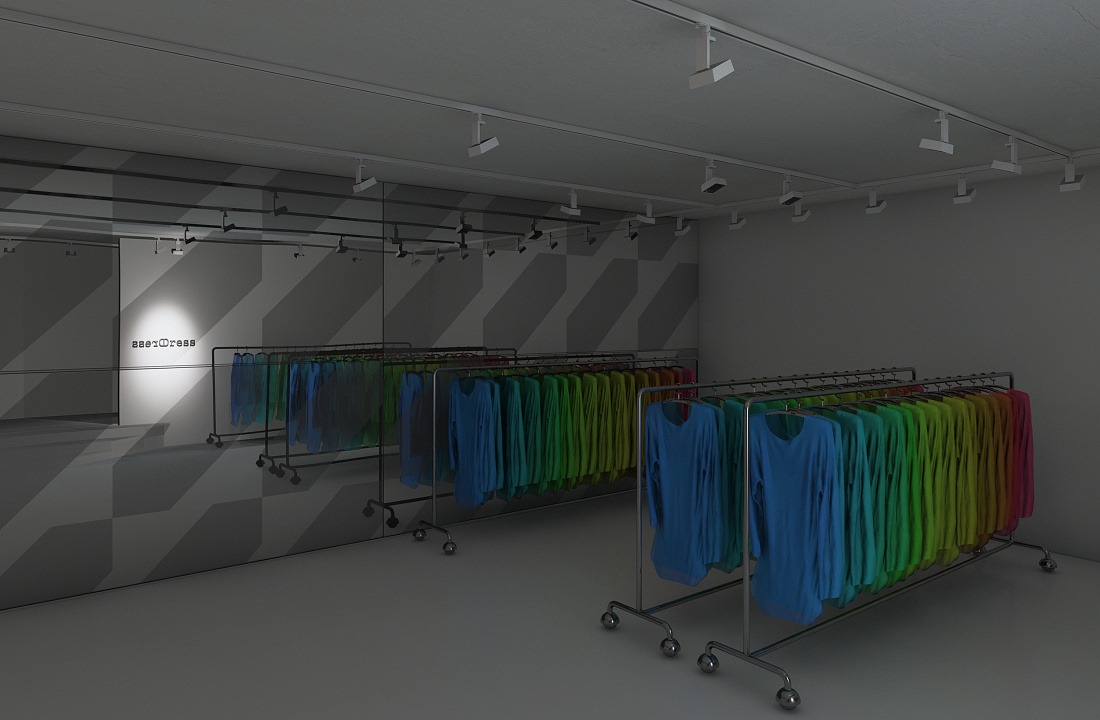 Fashion store illuminated with ERCO lighting, showcasing clothing racks for product presentation.