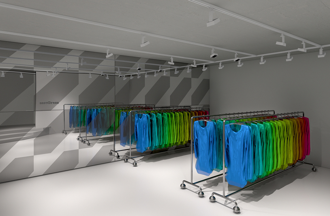Clothing racks illuminated by track lighting in a fashion store, showcasing seasonal product presentation.
