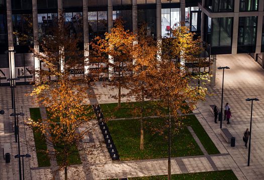 Florentinum office building in Prague with ERCO outdoor lighting for orientation and amenity.