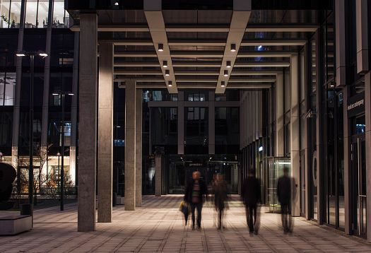 ERCO outdoor lighting at Florentinum office building in Prague for orientation and safety.