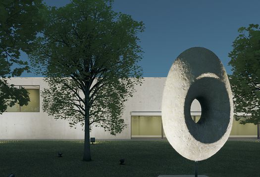 Illuminated sculpture in the foreground, trees in the middle ground, and facade in the background.