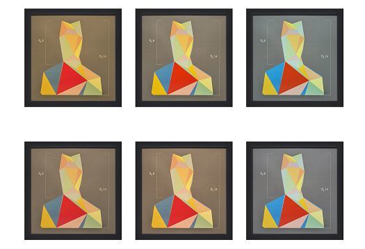 Six framed geometric artworks, illuminated by ERCO contour spotlights in a gallery setting.