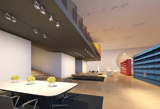 Furniture store lighting using track lighting to accentuate displays and illuminate walls.