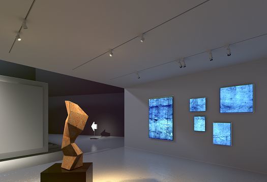 Art gallery featuring sculpture and paintings, illuminated by ERCO spotlights.