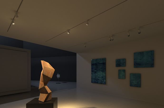 Illuminated sculpture and paintings in an art gallery, featuring ERCO lighting tools on a track system.