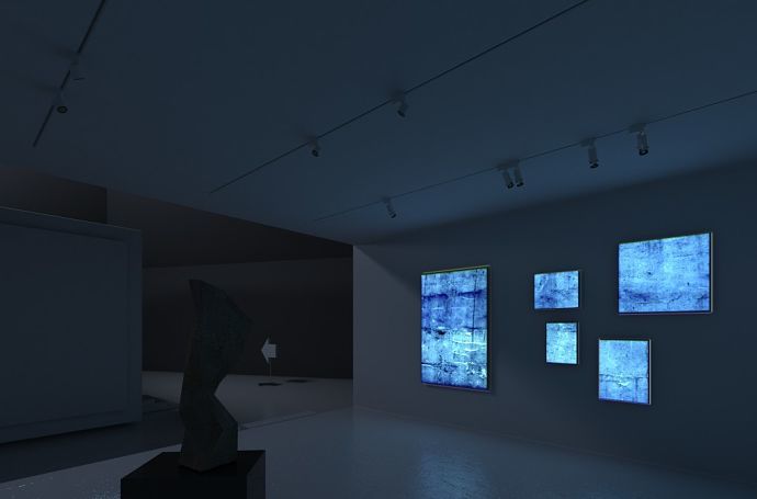 Art gallery featuring ERCO lighting to accentuate sculptures and paintings.