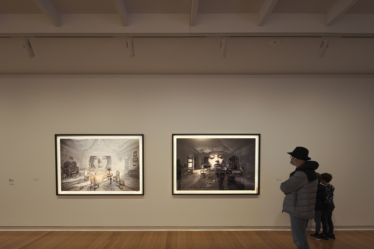 Art exhibition at Geelong Gallery, illuminated by ERCO spotlights.