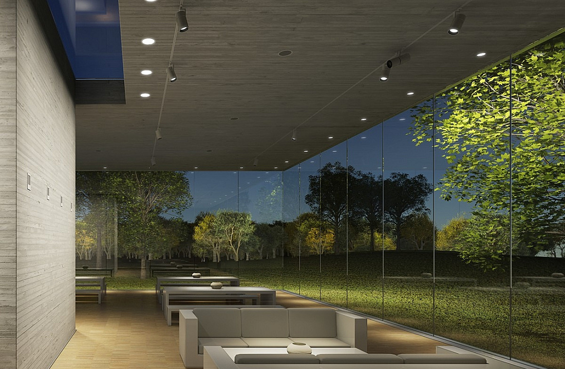 Interior with ERCO lighting and a view of nature through the window front.