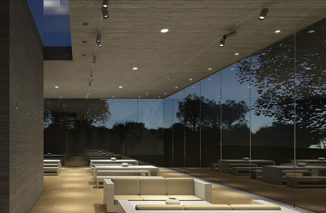 Interior with ERCO lighting: Downlights and wallwashers create a diffuse, inviting atmosphere in a modern space.