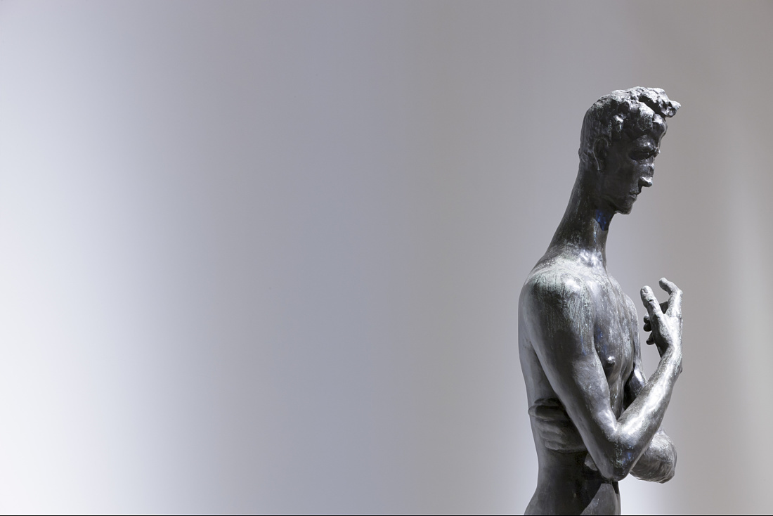 Male sculpture at Gottorf Palace museum, illuminated by ERCO Light Board spotlights.