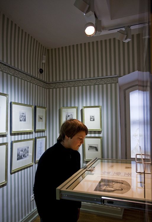 Visitor at Grimm Brothers’ House Museum viewing exhibits under Optec LED spotlights.