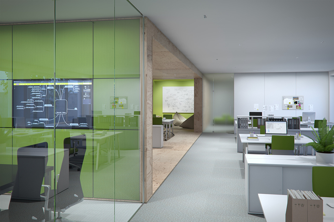 ERCO light design in a modern office building for orientation using wallwashing and linear lighting.