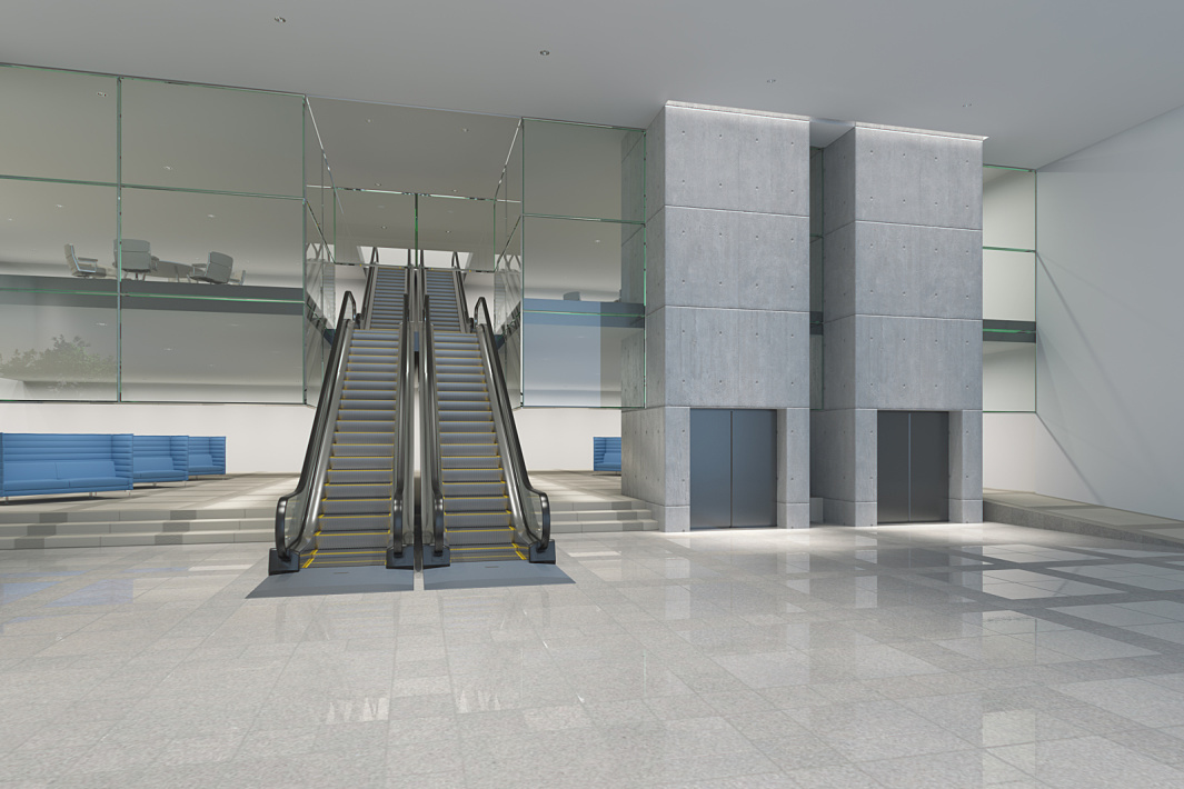 Interior with escalators and elevators for building orientation.