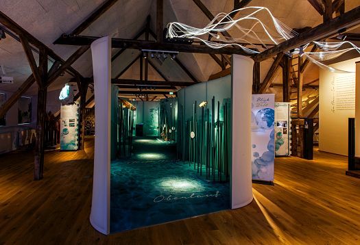 Gymnicher Mühle Museum: Interactive exhibit with ERCO LED lighting in a historic watermill.