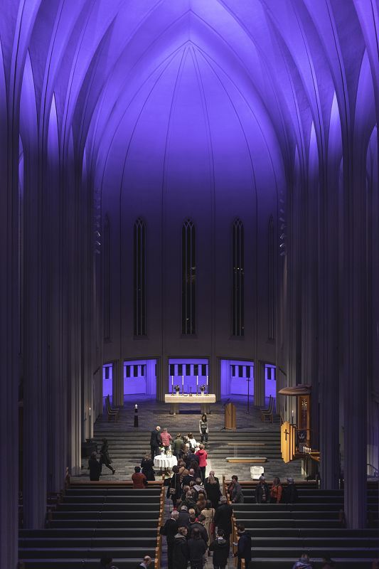 Hallgrímskirkja interior featuring ERCO LED lighting with colored light.