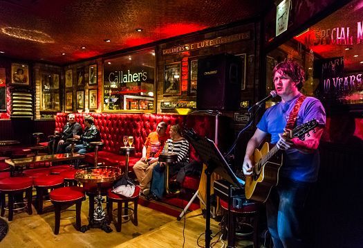 Live music at the Harp Bar, Belfast, featuring LED lighting for a traditional pub atmosphere.