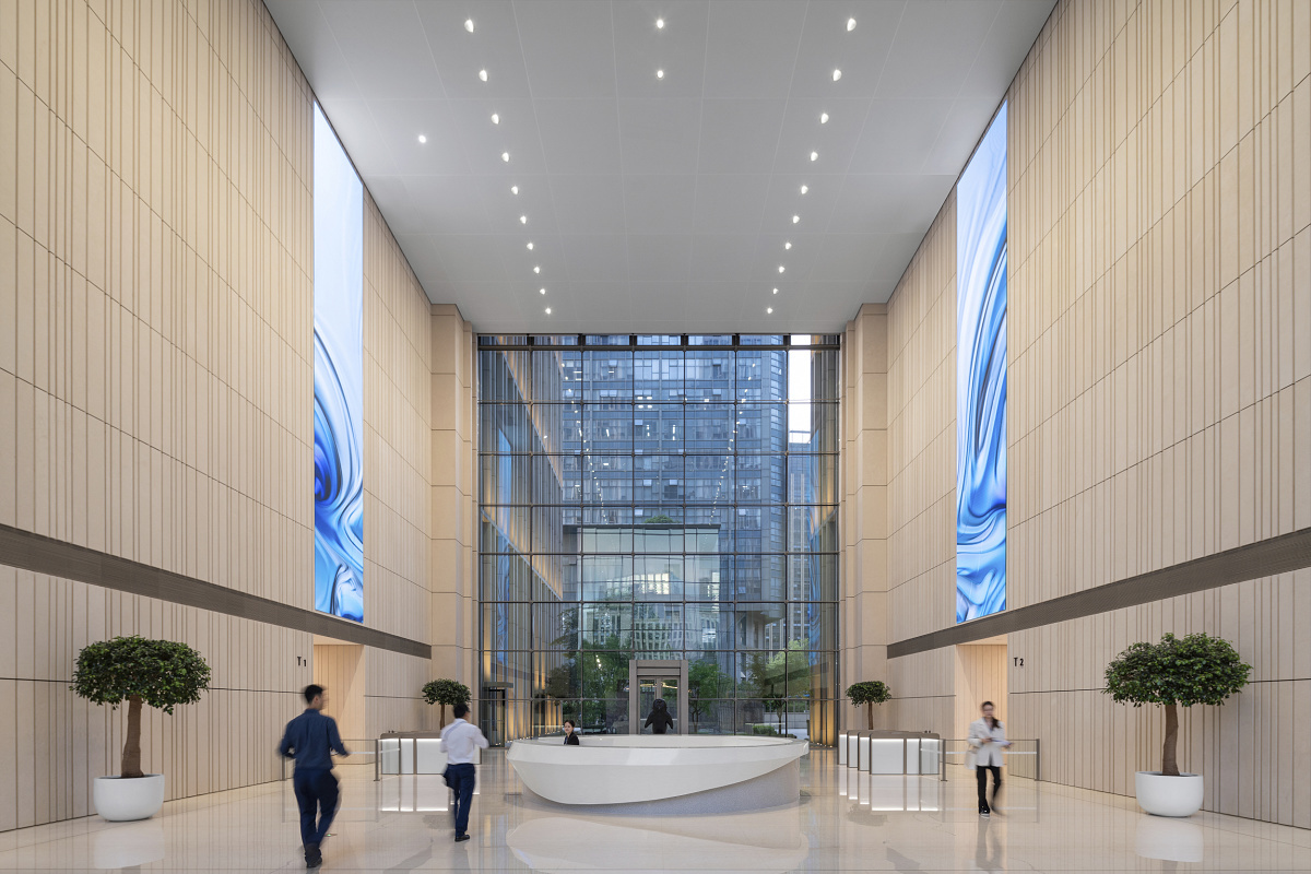 Hengdian Headquarters, Hangzhou lobby featuring ERCO recessed luminaires providing glare-free general lighting.