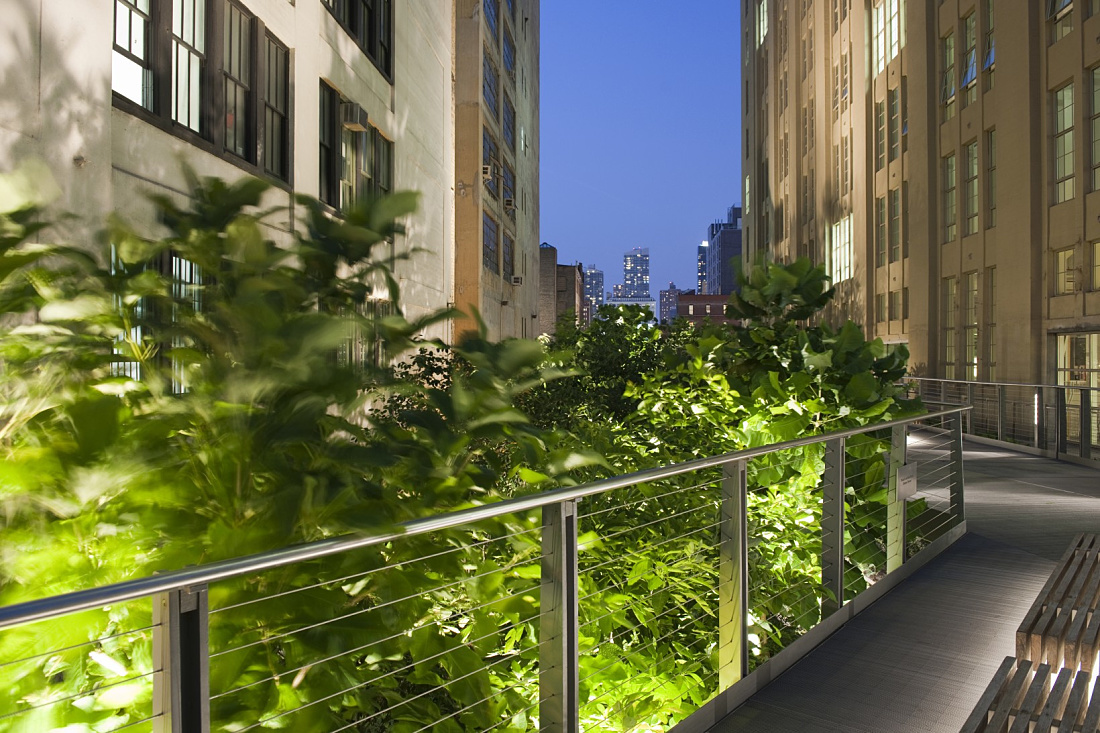 Highline Park at night, featuring ERCO lighting enhancing the elevated green space in Manhattan.