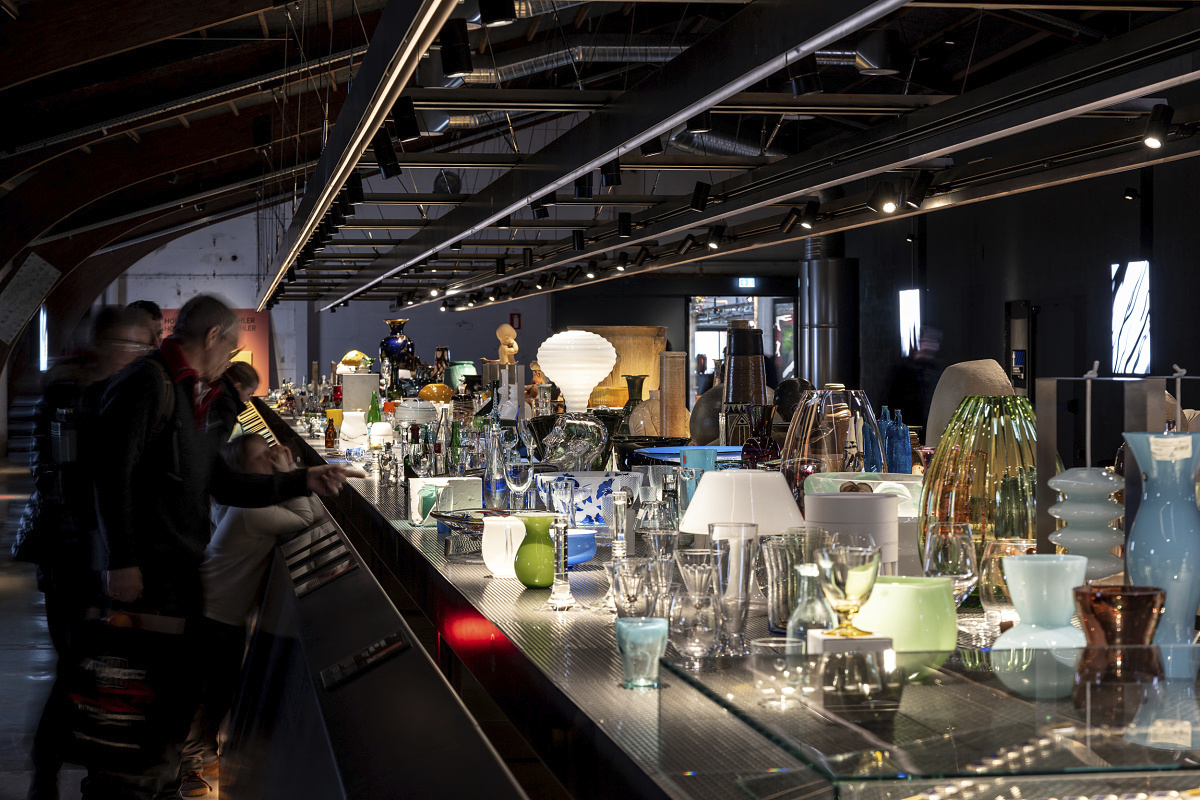 Glass art at Holmegaard Værk museum, Denmark, illuminated by ERCO LED spotlights.