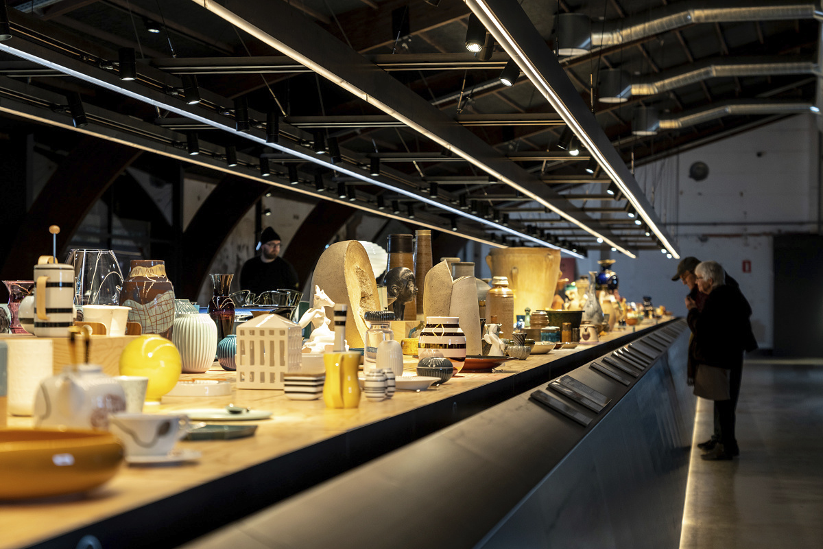 ERCO LED lighting highlights glass art and architecture at Holmegaard Værk Museum, Denmark.