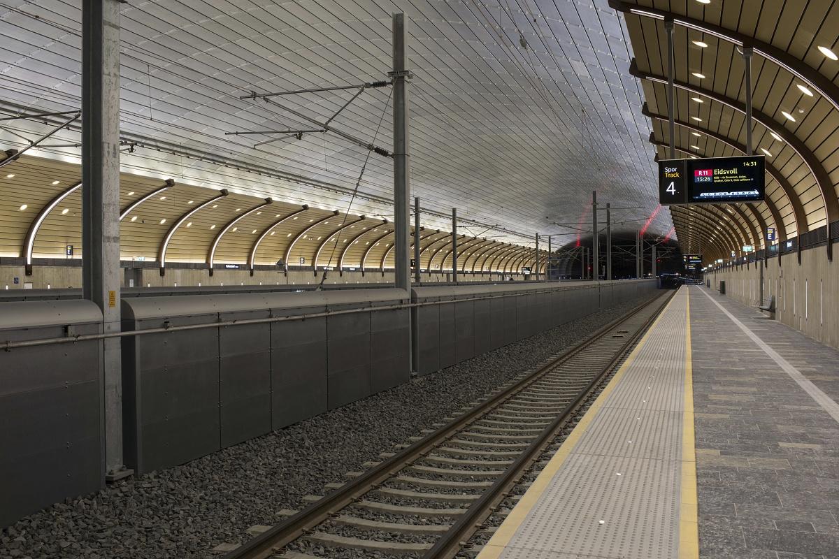 Holmestrand Station platform lit by long-life ERCO LED downlights.