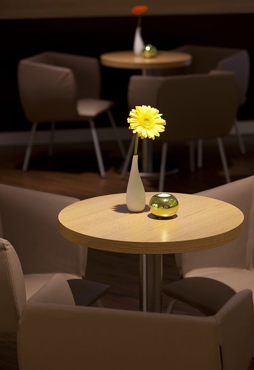 Yellow flower table decor in Ibis Hotel Bonn, lit by ERCO LED lighting.
