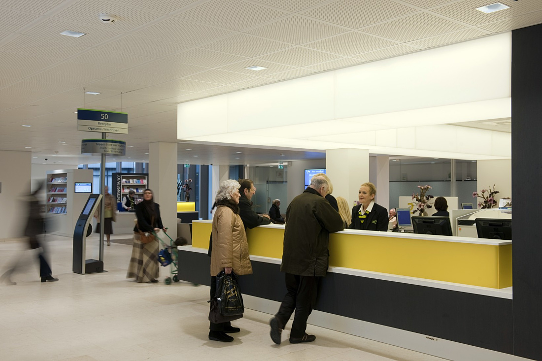 Ikazia Hospitals welcoming reception area, illuminated by Quintessence LED lighting.