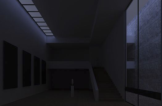 Illuminated functional areas in an exhibition space with stairs and art objects.