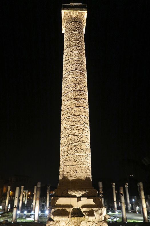 Illuminated Trajans Column in Romes Forum of Trajan, part of the new ERCO lighting.
