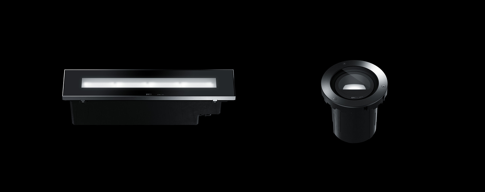 ERCO ground-recessed luminaires, robust and corrosion-resistant for outdoor use.