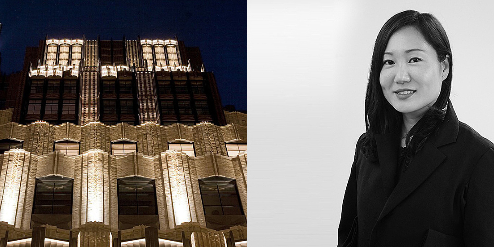Sunhee Lim of Kugler Ning, with the Walker Tower illuminated by ERCO lighting tools.