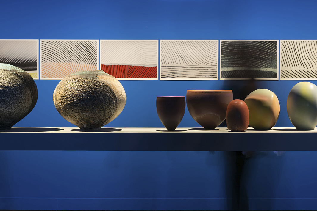 Ceramic artworks by Pippin Drysdale at John Curtin Gallery, lit with ERCO LED spotlights.