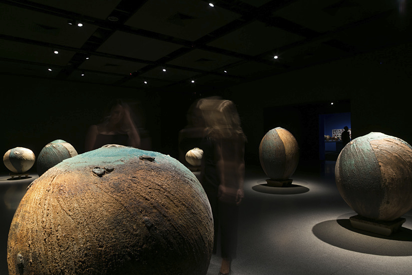 Ceramic artworks at John Curtin Gallery, illuminated by ERCO LED spotlights.