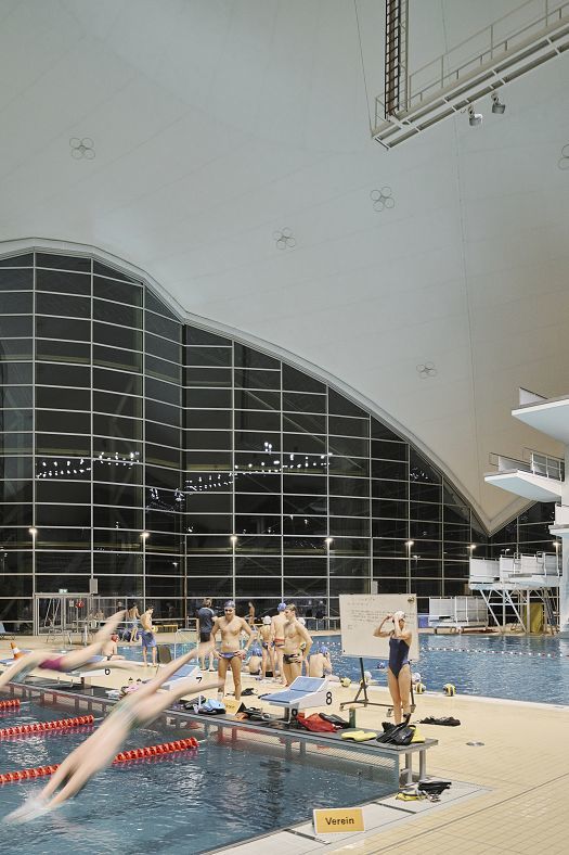 LED lighting at the Aquatic Center, Olympic Park Munich, enhancing energy efficiency and visual comfort.