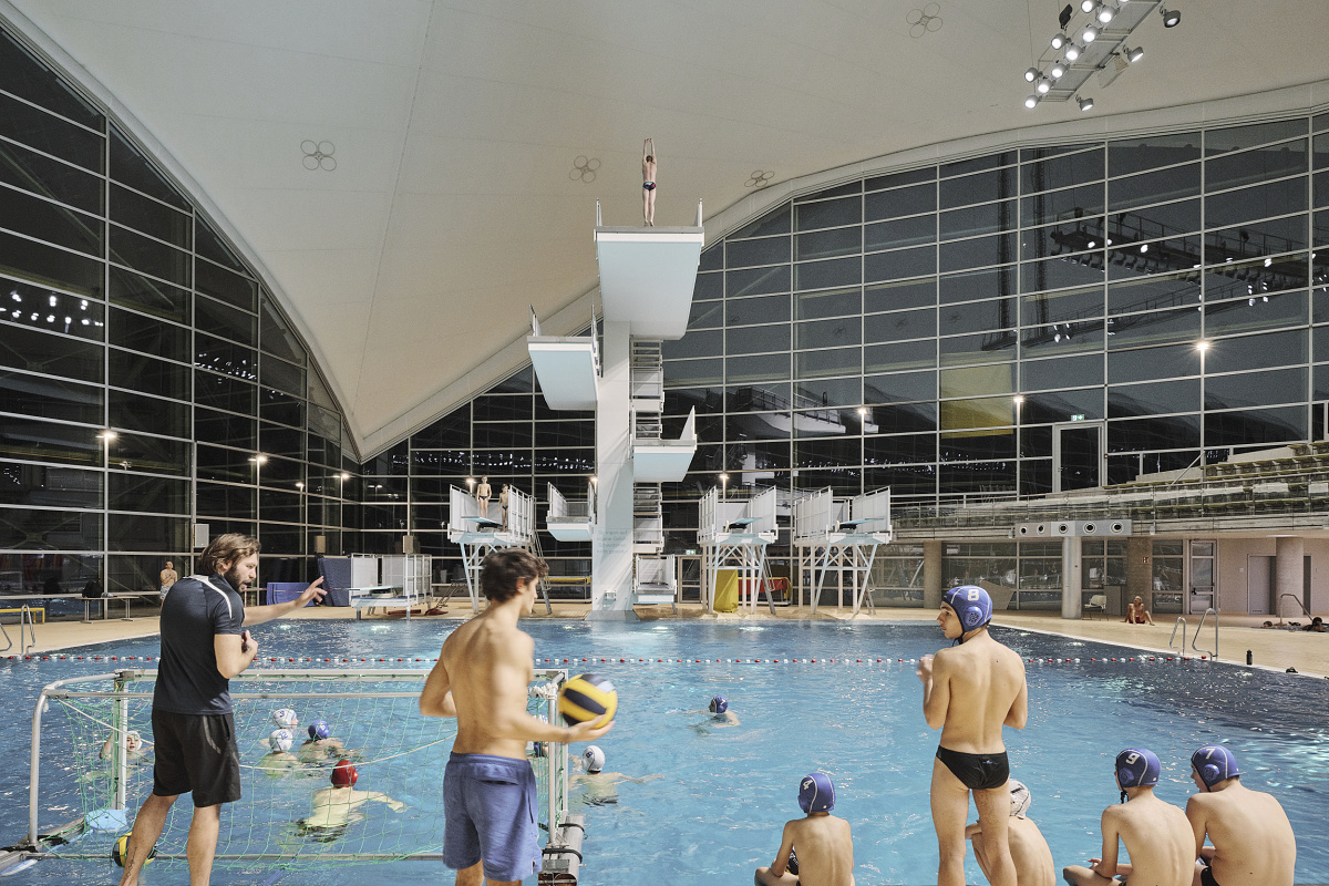 LED lighting at the Aquatic Center, Olympic Park Munich, enhancing energy efficiency and visual comfort.
