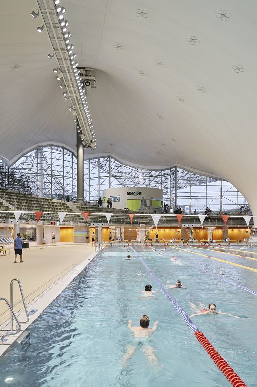 LED lighting at the Aquatic Center, Olympic Park Munich, enhancing energy efficiency and visual comfort.