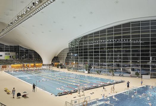 LED lighting at the Aquatic Center, Olympic Park, Munich, enhancing energy efficiency and visual comfort.