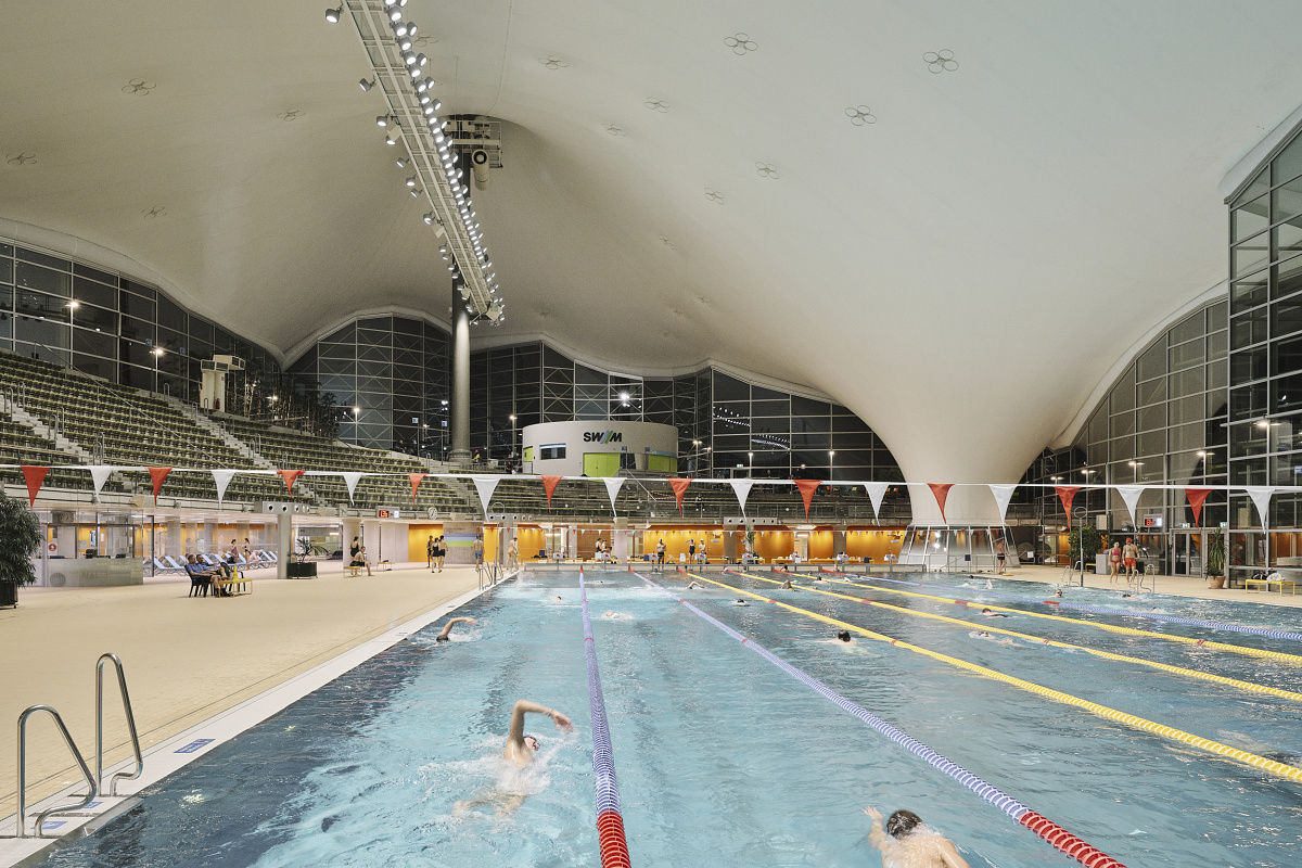 LED lighting at the Aquatic Center, Olympic Park Munich, enhancing energy efficiency and visual comfort.