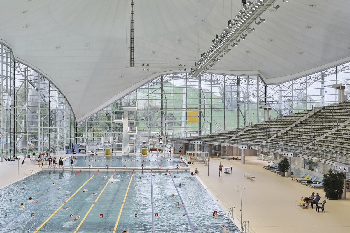 Aquatic Center at Olympic Park, Munich, relit with energy-efficient ERCO Kona LED spotlights.