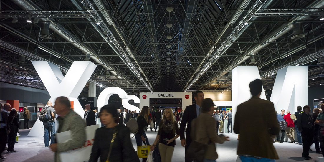 Leica trade fair stand at Photokina 2012, illuminated by ERCO Light Board LED spotlights.