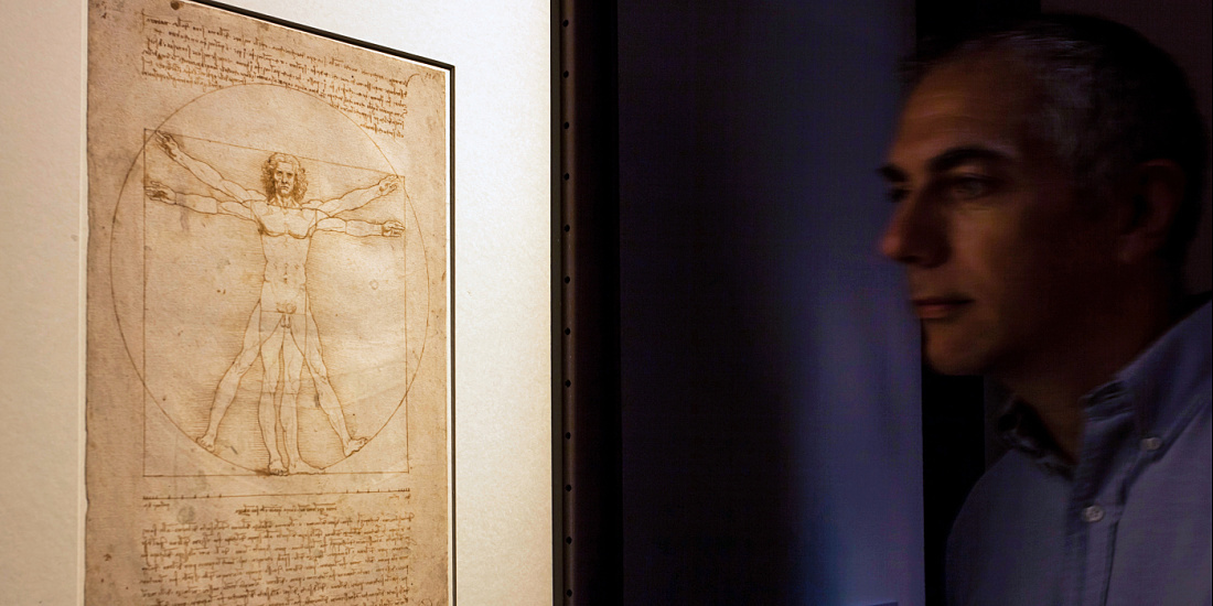 Leonardo da Vinci's Vitruvian Man illuminated by ERCO LED spotlights at Palazzo Reale.