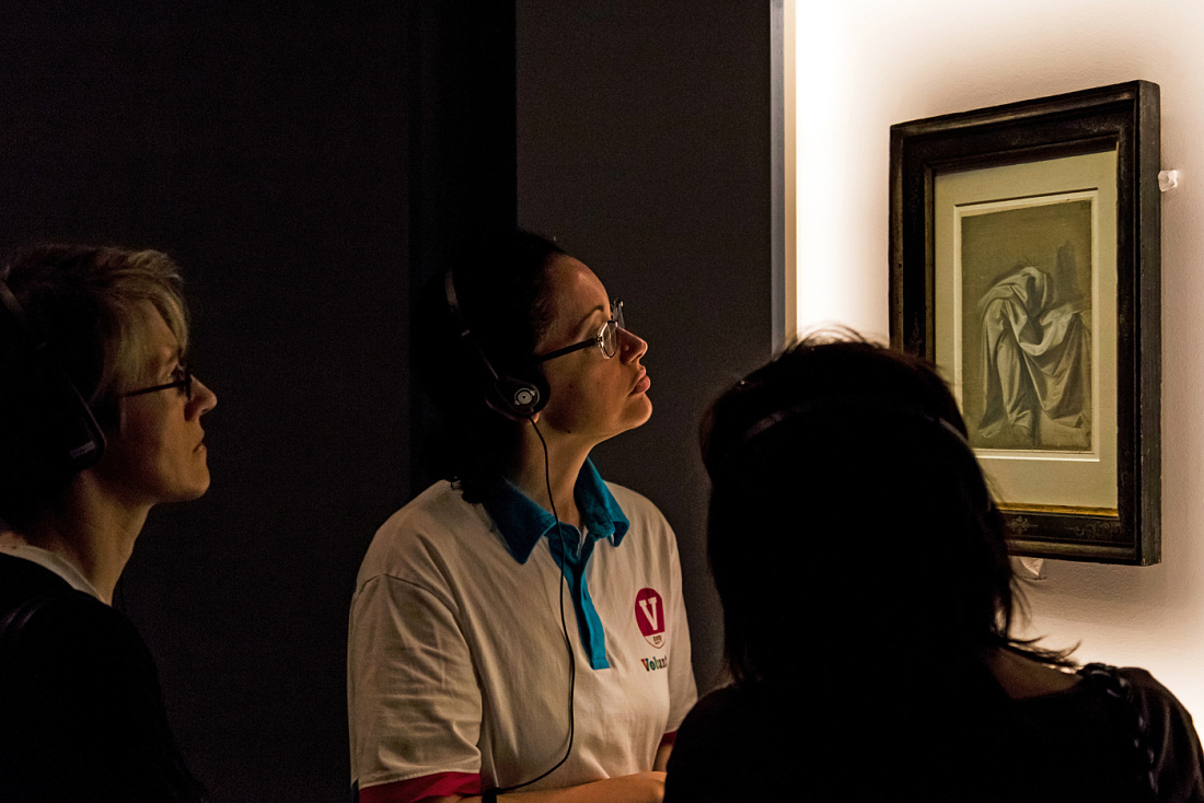 Visitors view a Leonardo da Vinci painting illuminated by ERCO LED spotlights at Palazzo Reale.
