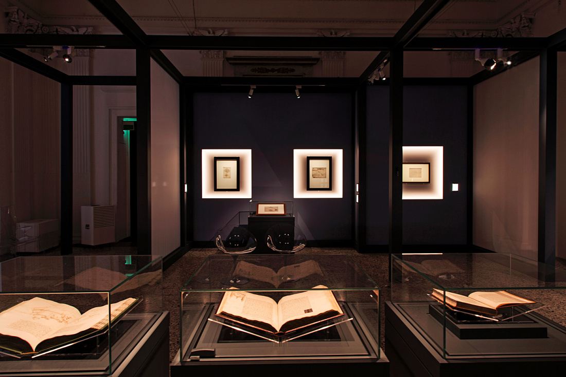 Leonardo da Vinci exhibit at Palazzo Reale, illuminated by ERCO LED spotlights.