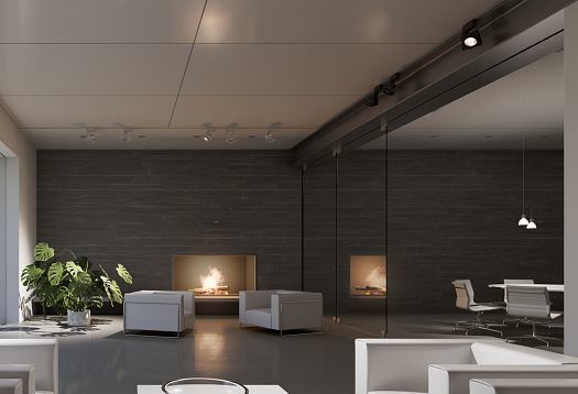 ERCO lighting design: Living room with fireplace and accent lights for a cozy atmosphere.