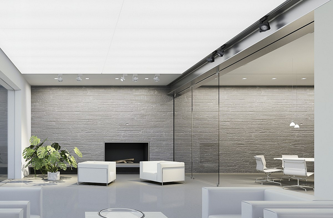ERCO lighting design: Bright ceiling and accent lights create spatial depth, highlighting objects in a modern interior.